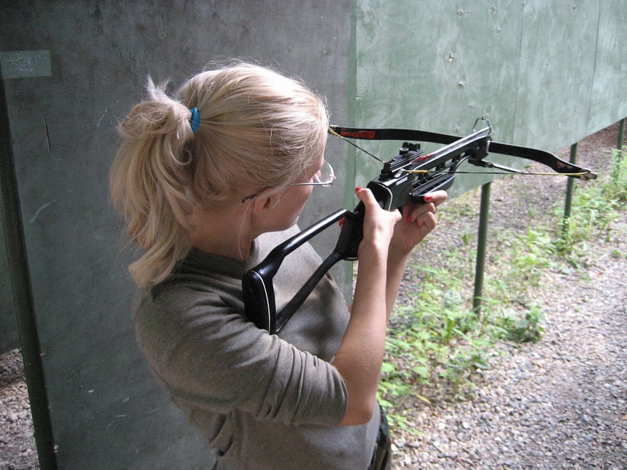Crossbow shooting training in the field